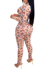 Figurbetonter Jumpsuit mit Schmetterlings-Print und Reißverschluss vorne